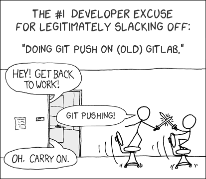 Two experienced developers are having fun when waiting for git push to be finished Image/xkcd-excuse.com
