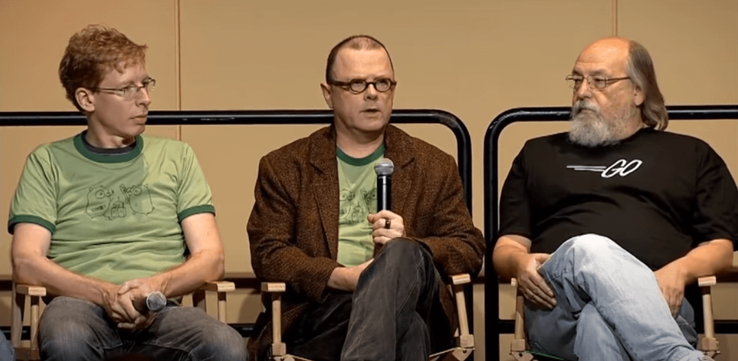 Robert Griesemer(V8 Javascript engine, Java HotSpot VM), Rob Pike(UNIX, Plan9, UTF-8)和Ken Thompson(B, Unix, UTF-8, grep) 视频截图/Youtube: Google I/O 2012 - Meet the Go Team